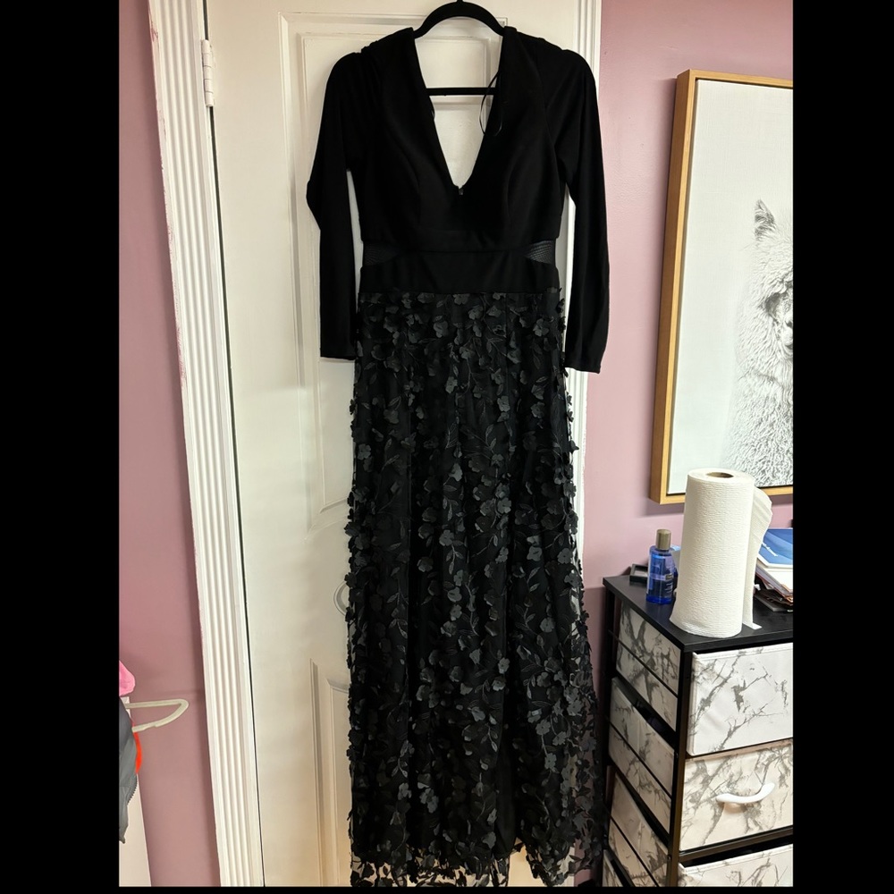 Xscape mesh cut out flower black gown with high slit